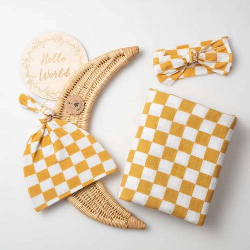 100% Organic Muslin Blanket Mustard/yellow/golden Checkered With Matching Hat and Wooden Birth Announcement Disc - Etsy