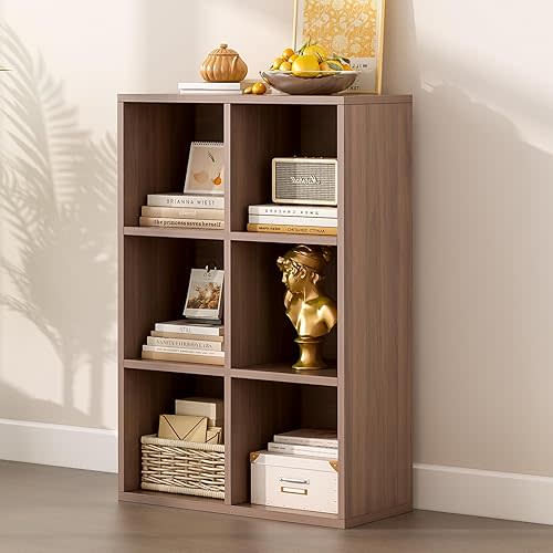 6-Cube Storage Shelf Bookcase - Wooden 3-Tier Floor Standing Open Bookshelf for Home and Office, Cuby Orgainzer, Walnut