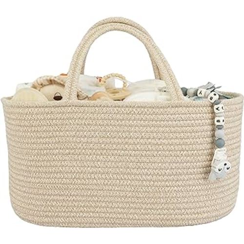 Large Baby Diaper Caddy Organizer for Girl Boy Rope Nursery Storage Bin Basket Portable Holder Tote Bag for Changing Table Car Travel Baby Shower Gifts Oatmeal