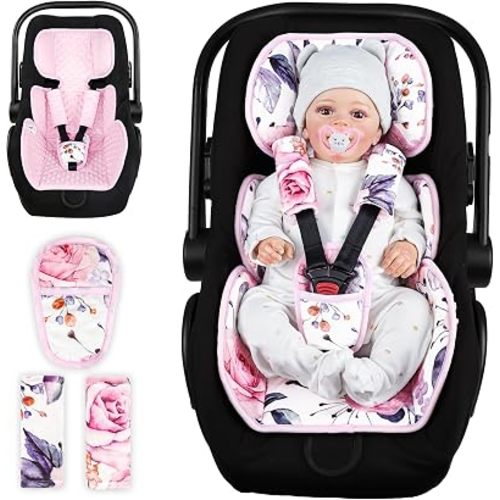 Infant Car Seat Insert with 3 Straps Covers, Ultra-Thick Baby Car Seat Head Support for Side Impact Protection, Minky Dot Baby Car Seat Cushion, Universal Pink Carseat Head Support for Newborn