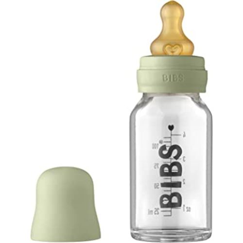 BIBS Baby Glass Bottle. Anti-Colic. Round Natural Rubber Latex Nipple. Supports Natural Breastfeeding, Complete Set - 110 ml, Sage