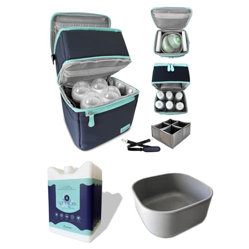 Luxuroo COOL Bundle Insulated Breast Milk Dual Layer Cooler Bag (Navy/Light Blue), Set of 4 ICE Slim Design Reusable Ice Packs, & BPA Free Dishwasher Safe PumpPartment Box Pumping Moms Bottles Daycare