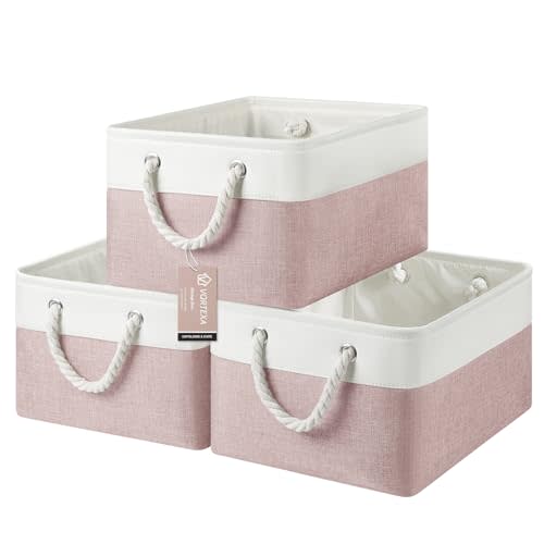 Large Storage Baskets- 15.7x11.8x8.26 inch Storage Bins for Shelves and Closet Organizing, Foldable Fabric Bin for Home Organization Clothes and Laundry (3-Pack, White&Pink)