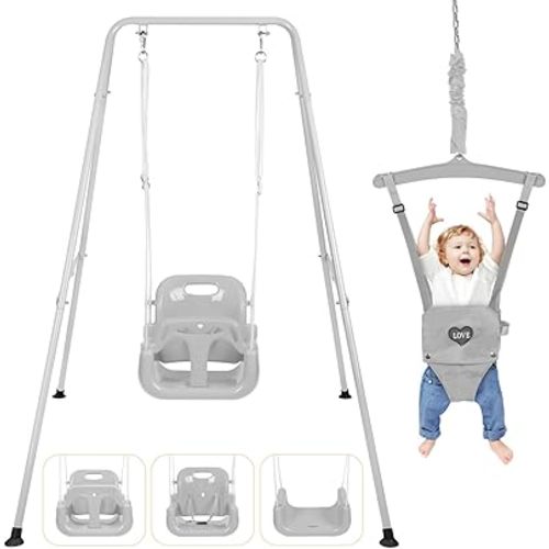 4-in-1 Toddler Swing Set & Baby Jumper and Bouncer for Toddlers, Foldable Baby Swing Stand for Outdoor Indoor Play, Easy to Assemble and Store for Ages 6 Months to 10 Years Old (Grey)