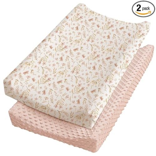 Konssy Minky Changing Pad Cover 2 Pack, Soft Minky Dots Plush Diaper Changing Table Cover Set, Breathable Changing Pad Sheets for Baby Girls Boys (Pink Spring, Blush)
