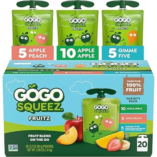GoGo squeeZ No Sugar Added Applesauce and Fruit Puree Variety Pack, Apple, Peach & Gimme Five!, 3.2 oz Pouches (Pack of 20), Fruit Snacks for Kids, Gluten Free, Nut Free, Recloseable Cap, BPA Free