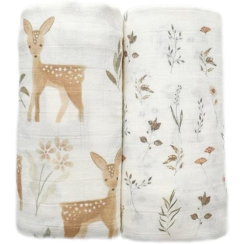 Ultra-Soft Organic Muslin Swaddle Blankets – 70% Viscose from Bamboo & 30% Cotton, 2-Pack – Gentle, Breathable, Lightweight, Soft Muslin – 47 x 47 inch, Soft Baby Wraps (Baby Deer&Meadow Magic)