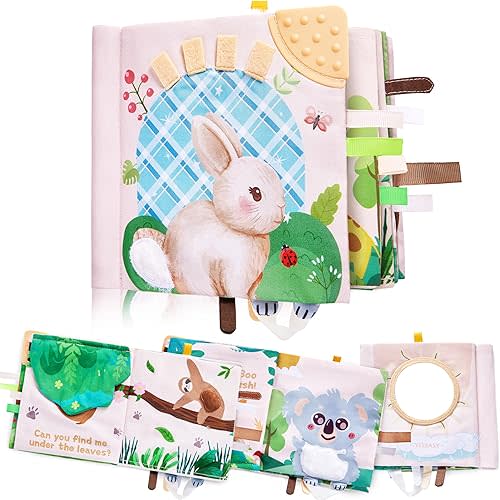 Baby Soft Book with Teether & 3D Textured Tails, Touch and Feel Crinkle Sensory Toys for Newborns 0-6-12 Months, Montessori Stroller Toy for Boys Girls