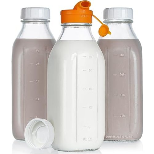32 oz Empty Glass Milk Bottles with Silicone Dispenser Cap, Clear Water Bottles with Leak Proof Lid and Scale Mark, Reusable Glass Jars for Juice, Milk, Iced Tea, Set of 3