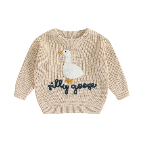 Toddler Baby Boy Girl Knit Sweater Silly Goose Embroidery Long Sleeve Knitted Sweatshirt Warm Fall Winter Clothes