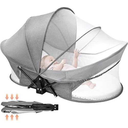 Portable Baby Travel Bassinet: Sturdy & Foldable Baby Bassinets with Storage Bag for Indoor & Outdoor - Babies Bed with 2-1 Mosquito Net & Sunshade Canopy Washable for Infant Newborn Gray