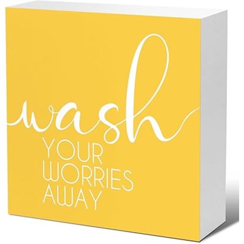 LVQHI Bathroom Decor And Accessories, Wash Your Worries Away Wooden Box Sign, Bathroom Sign Small Decorations For Shelves, Yellow Washroom Toilet Restroom Shelves Decor 5"L x 5"W x 1.1"H