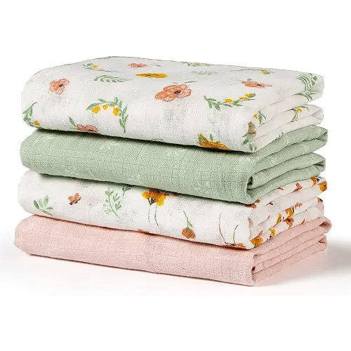 Muslin Swaddle Blankets for Baby Girls & Boys Gift, Large 47X47 inches Receiving Blankets for Newborn, Infant Swaddle Wrap Blanket Set Soft Silky & Breathable, 4 Pack Green Floral