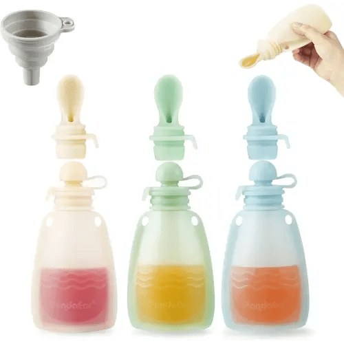 PandaEar 3 Pack Silicone Baby Food Pouches, Reusable Squeeze Pouches for Toddler with 3 Silicone Puree Feeder Spoon, BPA-Free Silicone Refillable Infant Food Storage, 5 oz (Beige&Blue&Green)