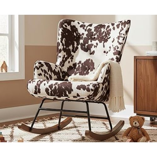 Modern Nursery Rocking Chair with Armrest, Upholstered Lazy Chair Tufted Side Chair Padded Reading Chair Comfy Club Chair Accent Chair for Living Room Bedroom Office Small Spaces, Cow