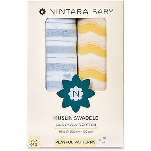 Swaddle - 100% Organic Premium Muslin Cotton, 39" x 39", Ultra-Soft, Breathable & Lightweight, Multipurpose, Unisex, Hypoallergenic, Gifts for Newborn Babies, Pack of 2