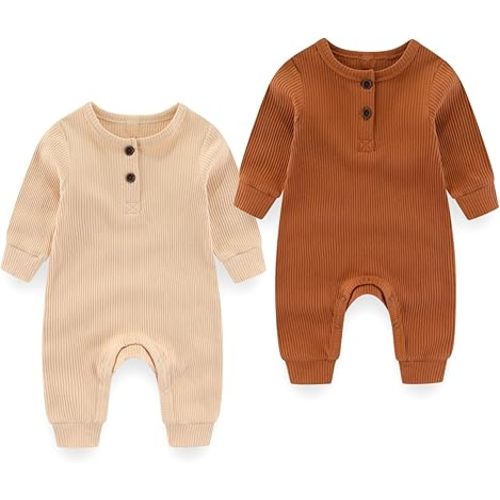 Baby Boy Girl Romper 2 Pack Long Sleeve Button Jumpsuit Cotton Unisex Infant Baby Clothes for 0-24 Months