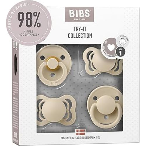 BIBS Try-It Collection | 4-Pack Soothers | BPA-Free Round, Anatomical & Symmetrical Nipple | Natural Rubber Latex/Silicone | Made in Denmark | 0-6 Months | Vanilla