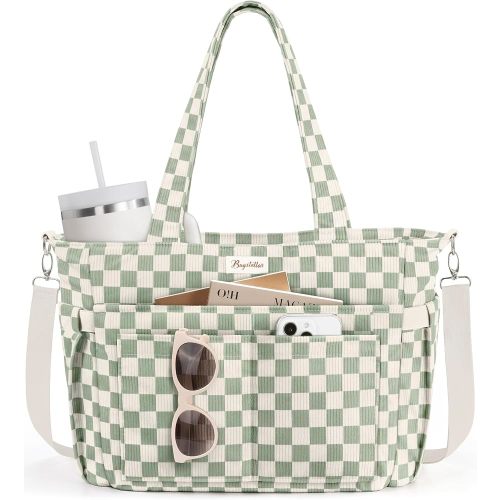 Bagstellar Corduroy Tote Bag for Women, 17 Pockets Laptop Work Tote Purse