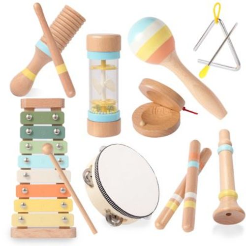 SUGIFT 9-Piece Wooden Musical Instruments Set for Toddlers, Montessori Baby Music Toy with Xylophone, Maraca, Drum, and More