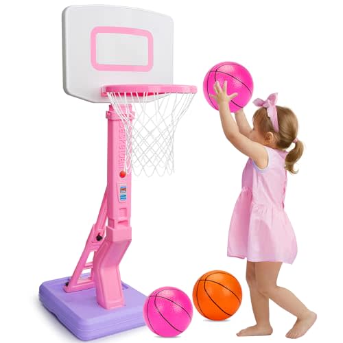 Toddler Pink Basketball Hoop Indoor Outdoor Age 1-3, Adjustable Kids Basketball Hoop with 3 Balls Backyard Outside Girls Basketball Goal Sport Toys for 1 2 3 4 Year Old Baby Girl Birthday Gifts