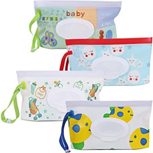FEBSNOW 4 Pack Baby Wipes Container, Reusable Portable Wet Wipe Pouch, Wipe Dispenser Container, Baby Travel Wet Wipe Holder