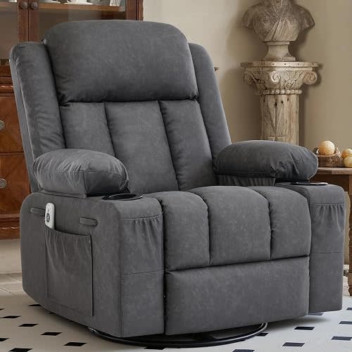 Rocker Recliner Chair with Heat and Massage, Swivel Nursery Recliner for Adults, Modern Faux Leather Recliner Single Sofa Seat with 2 Cup Holders and Side Pocket (Grey)