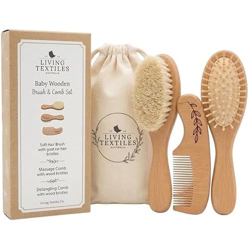 Baby Hair Brush & Baby Comb Set For Newborn- Natural Soft Goat Hair & Beechwood for Cradle Cap, Durable Scalp Bristles,Gentle Detangling,Grooming Kit, Essentials for Baby Boy, Girl Infant