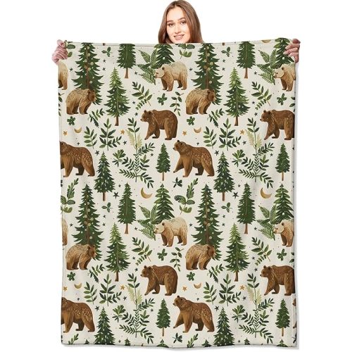 Bear Blanket Cute Woodland Pine Tree Retro Throw Blankets,Birthday Gifts for Kids Girls Boys & Animal Lovers,Lightweight Soft Fleece Cozy for Sofa Couch Bed Room Forest Decor 50x60in