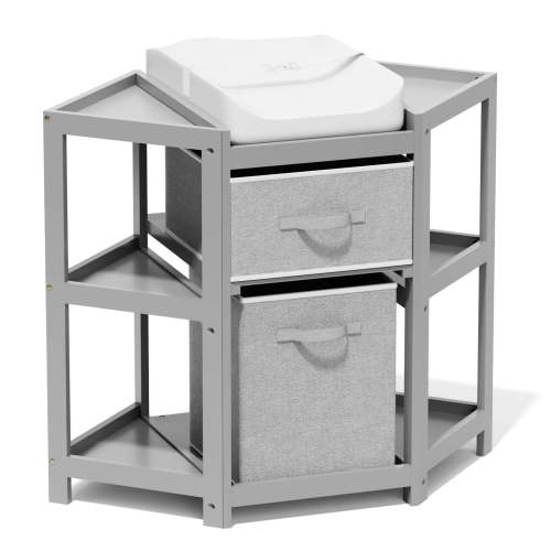 XJD Corner Baby Changing Table Diaper Changing Station with Storage Drawers with Laundry Hamper, Storage Bin, and Contoured Pad for Baby - Gray