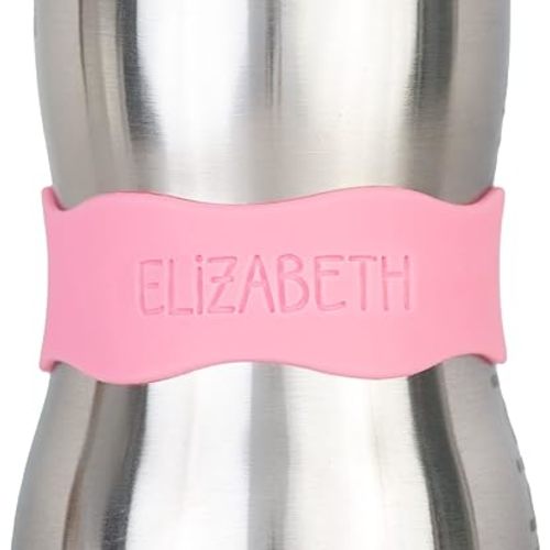 InchBug Orbit Labels - Matching Color Personalization Silicone Baby Bottle & Sippy Cup Bands - Reusable, Dishwasher Safe, Engraved Name Labels for Daycare, 4-Pack (Bubblegum Pink)