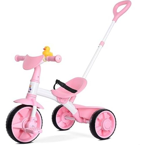 KRIDDO 2 in 1 Kids Tricycles Age 18 Month to 3 Years, EVA Wheels, Gift Toddler Tricycle, Trikes for Toddlers 2 to 3 Year Old with Push Handle, Duck Bell, Pink