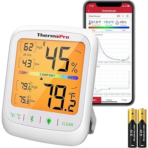 ThermoPro TP359 Bluetooth Hygrometer Thermometer, 260FT Wireless Remote Temperature and Humidity Monitor, with Large Backlit LCD, Indoor Room Thermometer and Humidity Gauge, Max Min Records