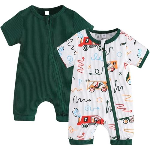 Bafeicao Unisex Baby Boy Girl 2 Pack Rompers Short Sleeve 2 Way Zipper One Piece Jumpsuits Clothes Sets