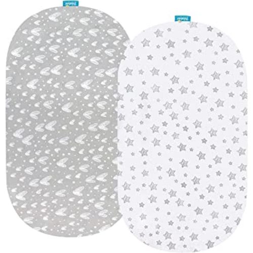 Bassinet Sheets Fit for Oval, Hourglass, Rectangle Bassinet Mattress, 2 Pack 100% Cotton Sheets for Halo, 4moms, Maxi-COSI, Delta, Baby Delight Bassinest, Unisex Fitted Sheet for Baby Boy Girl