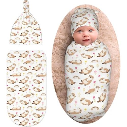 Sea Otters Cartoon Baby Stuff Newborn Baby Swaddle Blanket with Beanie Set Soft Gifts for Unisex Girls Boys Infant Shower