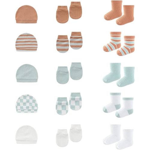 15 Pack Infant Hats Gloves Socks Unisex Baby Boy Girl Accessories Set Cotton New Born Caps Mittens