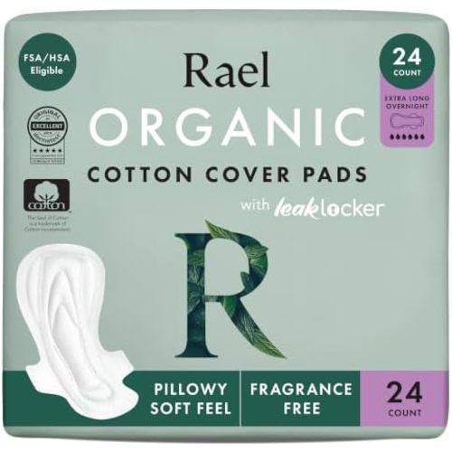 Rael Organic Cotton Cover Sanitary Pads for Women (XL Overnight, 24 Ct)