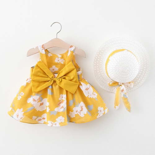 UTTOASFAY Baby Girls Dress Toddler Baby Kids Girls Floral Flowers Princess Dress Hat Outfits Clothes Yellow 18-24 Months