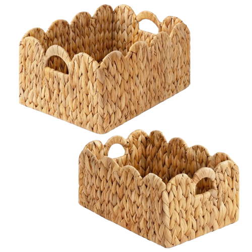 LAQUEDECRAFT Wavy Edges Water Hyacinth Storage Baskets | Handcrafted Decorative Organizers with Handles | Perfect for Towels, Toys & Home Décor in Living Room, Nusery, Bathroom (Set of 2)