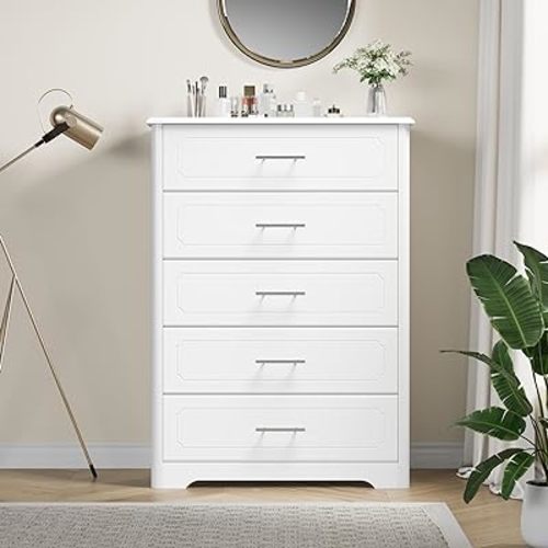 HOSTACK 5 Drawer Dresser, Tall White Dresser Chest of Drawers, Modern Storage Cabinet with Metal Handles, Wood Vertical Organizer for Living Room, Hallway, Entryway, Home Office, White
