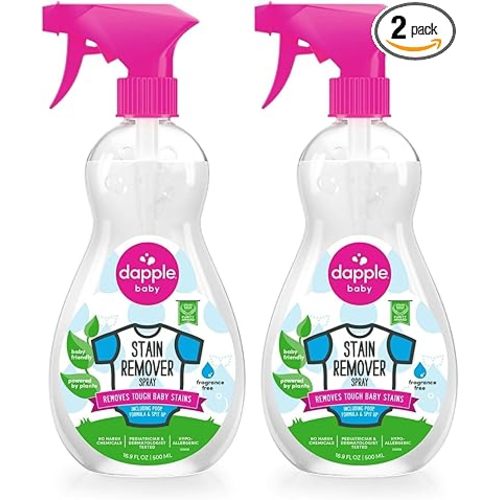 Stain Remover Spray by Dapple Baby, Fragrance Free, 16.9 Fl Oz Spray Bottle - Plant-Based & Hypoallergenic - Baby Laundry Stain Remover for Clothes & Cloth Diapers (Pack of 2)