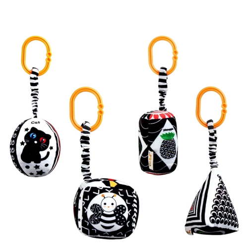 Blublu Park Baby Hanging Toys Set, 4 Pack Black and White High Contrast Sensory Toys with Rattle, Squeaker and Teether for Stroller, Crib and Car Seat