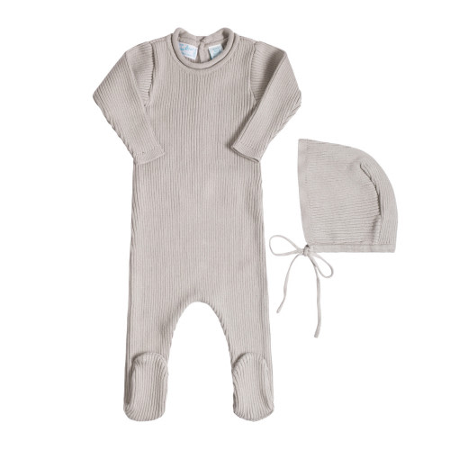 Rolled Collar Ribbed Knit Romper & Bonnet Soft Grey