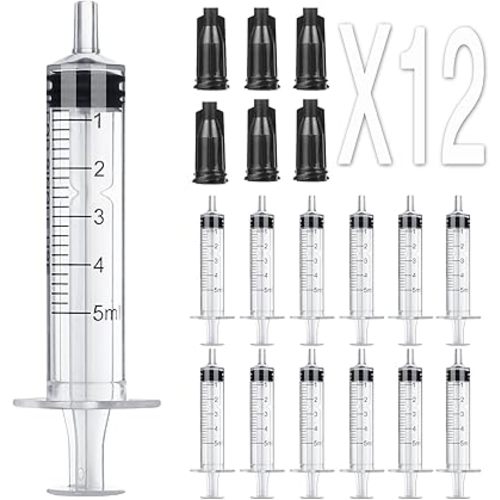 5ml Syringe Without Needle - 5 ml Small Plastic Syringes Sterile Individually Packed with Cap for Lab Medicine Student Measuring Liquid and Pet Dog Cat Baby Feeding Oral Colostrum ( 12 Pack 5cc /ml )