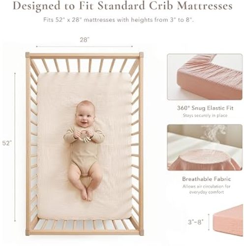 Konssy Muslin Crib Sheets for Girl Boy, 2 PCS Soft and Breathable Cotton Baby Sheets for Standard Crib Mattress, 52"x 28" (Pink, Cream)