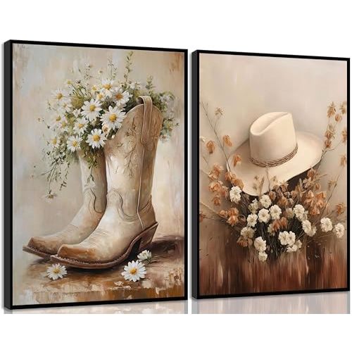 2pcs Vintage Western Cowgirl Canvas Wall Art daisy Cowgirl Boots & Hats Posters Rustic Farmhouse Pictures Trendy Preppy Dorm Room Wall Decor Western Floral Painting Country Style Prints unframe