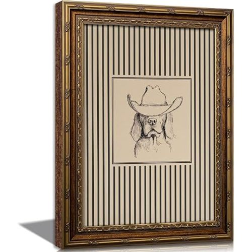 Vintage Gold Framed Cowboy Dog Wall Art Rustic Western Dog Sketch Canvas Print Neutral Vertical Stripes Poster for Bedroom Living Room Hallway