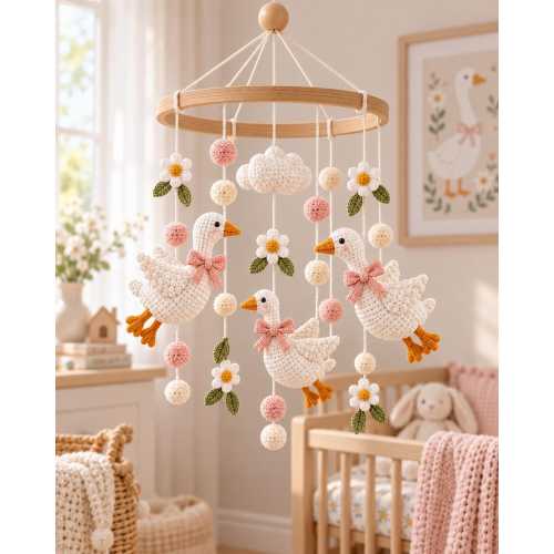 Crochet Goose Baby Mobile, Floral Goose Crib Mobile, Farmhouse Nursery Decor, Baby Girl Room, Baby Shower Gift