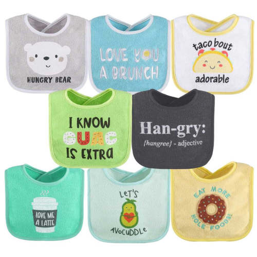 Han-Gry Green, Blue, Yellow Baby Boy or Girl Bibs 8-Pack